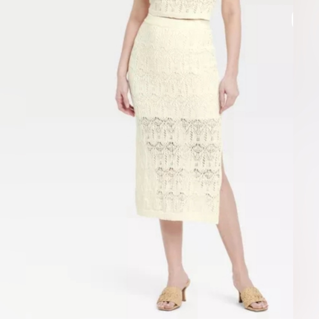 A New Day Bohemian Crochet Midi Sweater Skirt Cream Off-White, Size Large, Nwt